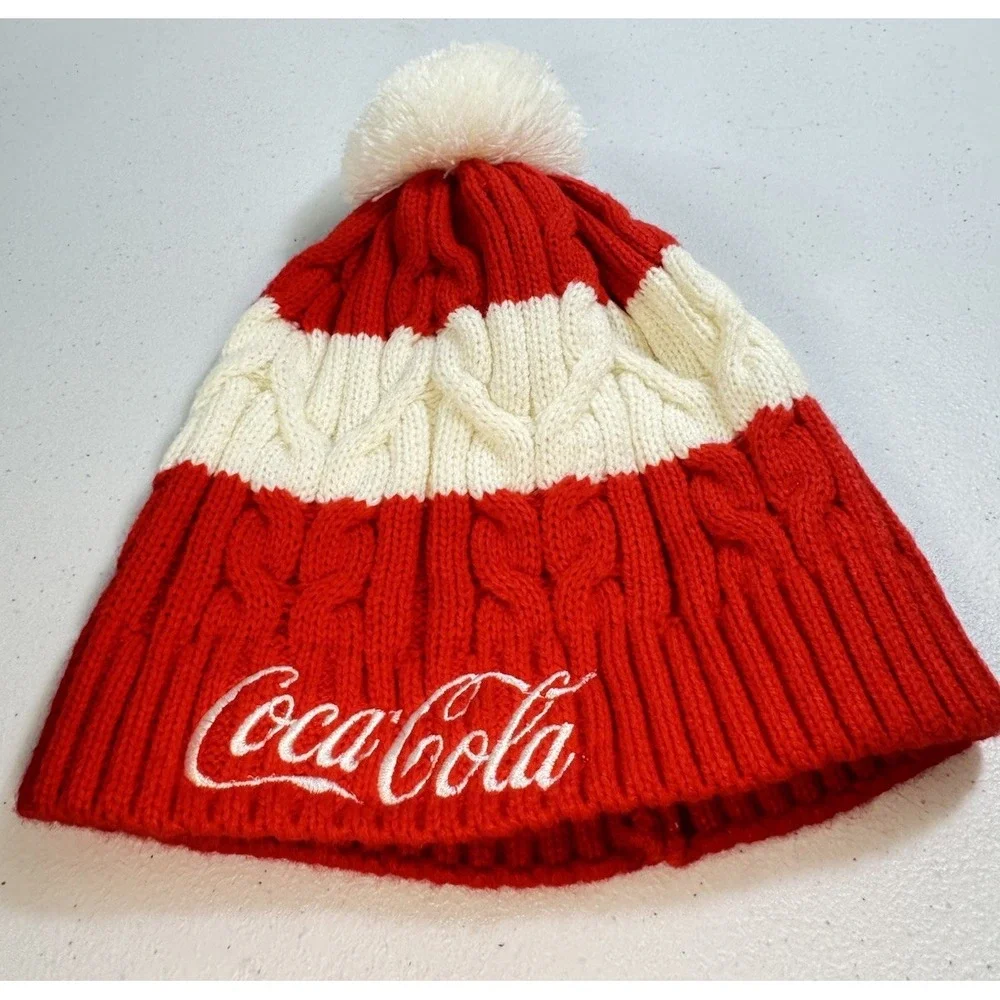 Coca Cola Beanie Hat Knit Adult Red White One Size Pom Pom Winter Outdoors‎